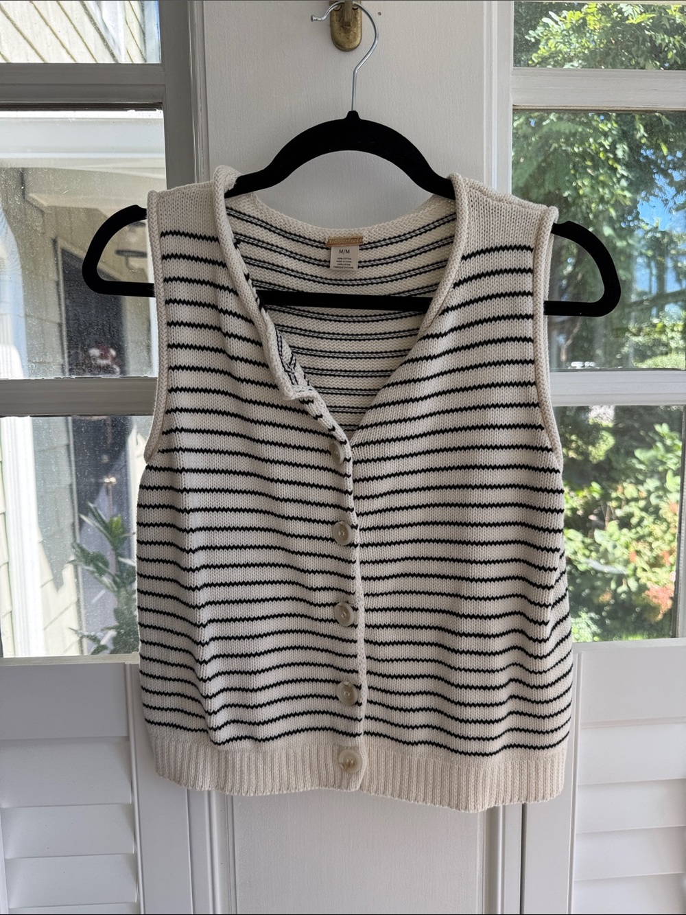 Women’s Cream and Black Striped Button-Front Knit Vest Medium